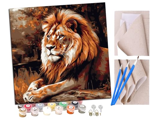 Malen Nach Zahlen Erwachsene Sitzender Löwe im Grasland (5) DIY Handgemalt Ölgemälde Leinwand Kits Mit Pinsels und Acrylfarbe Als Geschenke und Heimdekoration Ohne Rahmen 40 x 40 cm von SENDJJ