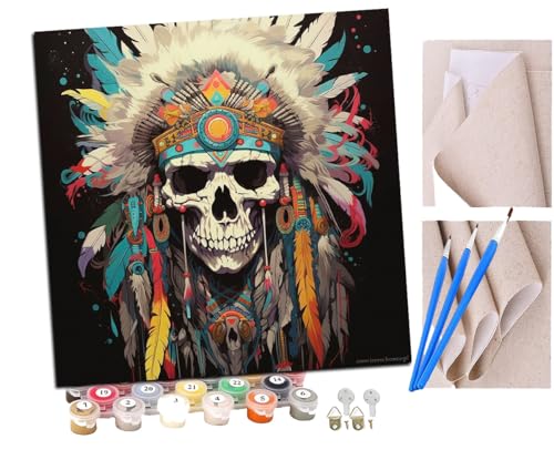 Malen Nach Zahlen Erwachsene Skeletthäuptling mit Federhut (3) DIY handgemaltes Ölgemälde Set für Anfänger und Erwachsene, Acrylfarbe, Kindergemälde, Kreative Heimdekoration, Geschenk, Weihnachten von SENDJJ