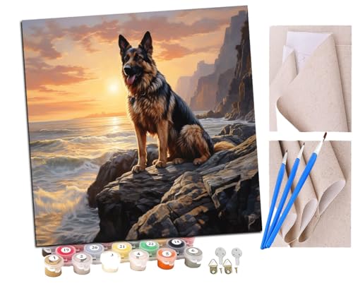 Malen Nach Zahlen Erwachsene Strand Deutscher Schäferhund (15) DIY Handgemalt Ölgemälde Leinwand Kits Mit Pinsels und Acrylfarbe Als Geschenke und Heimdekoration Ohne Rahmen 40 x 40 cm von SENDJJ