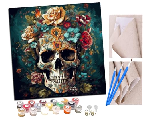 Malen Nach Zahlen Erwachsene Sugar Skull Totenkopf Zeichnung Blume (14) DIY handgemaltes Ölgemälde Set für Anfänger und Erwachsene, Acrylfarbe, Kindergemälde, Kreative Heimdekoration von SENDJJ