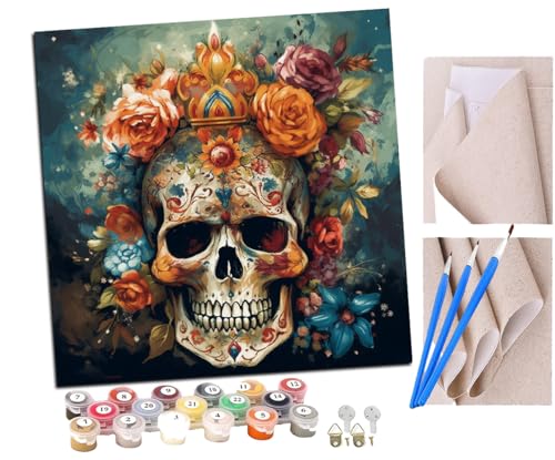 Malen Nach Zahlen Erwachsene Sugar Skull Totenkopf Zeichnung Blume (36) DIY Handgemalt Ölgemälde Leinwand Kits Mit Pinsels und Acrylfarbe Als Geschenke und Heimdekoration Ohne Rahmen 40 x 40 cm von SENDJJ