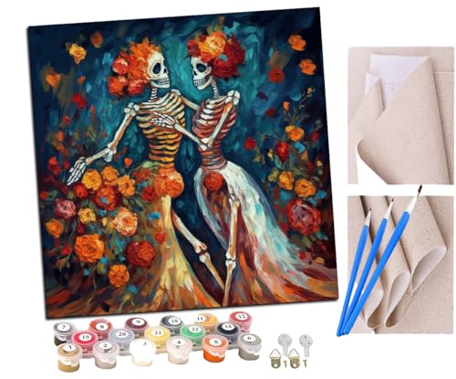 Malen Nach Zahlen Erwachsene Tanzendes Paar Skelette Blumen (3) Paint by Numbers diy GemäLde Kit mit Pinsel und Acrylfarbe Als Geschenk für Wanddeko Groß 40x40cm von SENDJJ