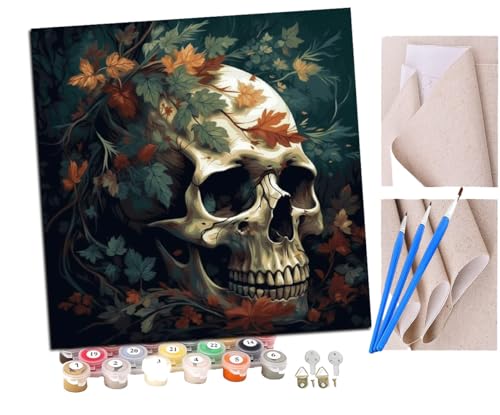 Malen Nach Zahlen Erwachsene Totenkopf aus Ahornblättern und Bäumen (2) DIY handgemaltes Ölgemälde Set für Anfänger und Erwachsene, Acrylfarbe, Kindergemälde, Kreative Heimdekoration von SENDJJ