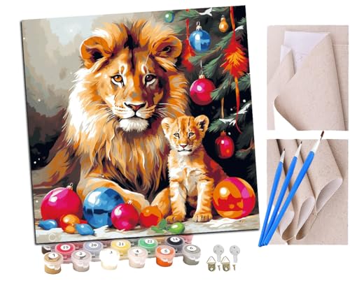 Malen Nach Zahlen Erwachsene Weihnachtsbaum mit Löwe und Löwenjungem (14) DIY handgemaltes Ölgemälde Set für Anfänger und Erwachsene, Acrylfarbe, Kindergemälde, Kreative Heimdekoration von SENDJJ