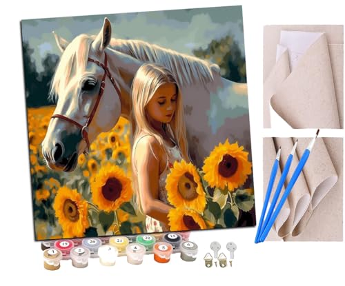 Malen Nach Zahlen Erwachsene Weißes Pferd kleines Mädchen Sonnenblumen bunt (15) DIY handgemaltes Ölgemälde Set für Anfänger und Erwachsene, Acrylfarbe, Kindergemälde, Kreative Heimdekoration von SENDJJ