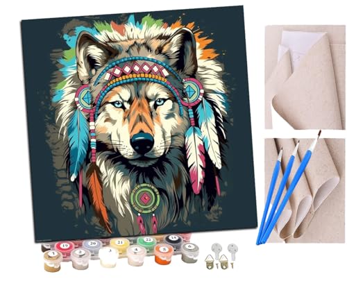 Malen Nach Zahlen Erwachsene Wolf mit Totenkopf Federhut, Indianer Stil (7) DIY Handgemalt Ölgemälde Leinwand Kits Mit Pinsels und Acrylfarbe Als Geschenke und Heimdekoration Ohne Rahmen 40 x 40 cm von SENDJJ