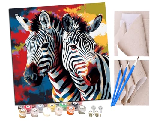 Malen Nach Zahlen Erwachsene Zwei Zebras mit der amerikanischen Flagge (10) DIY Handgemalt Ölgemälde Leinwand Kits Mit Pinsels und Acrylfarbe Als Geschenke und Heimdekoration Ohne Rahmen 40 x 40 cm von SENDJJ