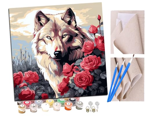 Malen Nach Zahlen Erwachsene weißer Wolf und bunte Rose, Steampunk (19) DIY Handgemalt Ölgemälde Leinwand Kits Mit Pinsels und Acrylfarbe Als Geschenke und Heimdekoration Ohne Rahmen 40 x 40 cm von SENDJJ