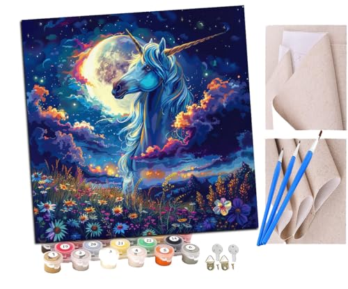 Malen nach Zahlen Kits Erwachsene und Kinder Mond in der Nacht Einhorn Profil kleine Blumen (5) DIY Ölgemälde Digitale Leinwand Wandkunst Home Decoration - 40x40CM von SENDJJ