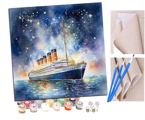 Malen nach Zahlen Kreuzfahrtschiff auf See Nachthimmel leuchtende Sterne (1) Kits für Anfänger Erwachsene DIY Art Decor Handgemalte Malerei nach Zahlen Kreatives Geschenk Home Decoration 16x16 Zoll von SENDJJ