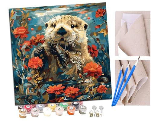 Malen nach Zahlen Süße Seeotter kleine Blumen (2) Kits für Anfänger Erwachsene DIY Art Decor Handgemalte Malerei nach Zahlen Kreatives Geschenk Home Decoration 16x16 Zoll von SENDJJ