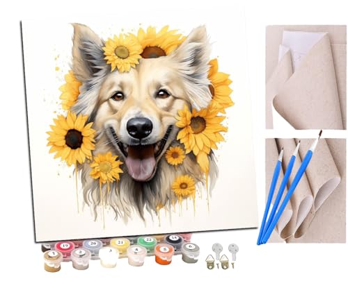 SENDJJ Malen Nach Zahlen Erwachsene Aquarell Deutscher Schäferhund und Sonnenblume (4) Bastelset Erwachsene Gemälde Leinwand 40x40 cm Mit Farbe und Pinsel - Geschenke und Maldekorationen von SENDJJ