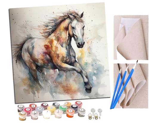 SENDJJ Malen Nach Zahlen Erwachsene Aquarell tanzendes Pferd (4) Bastelset Erwachsene Gemälde Leinwand 40x40 cm Mit Farbe und Pinsel - Geschenke und Maldekorationen von SENDJJ