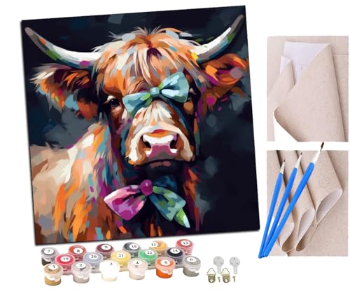 SENDJJ Malen Nach Zahlen Erwachsene Bow Highland Rinder (5) Bastelset Erwachsene Gemälde Leinwand 40x40 cm Mit Farbe und Pinsel - Geschenke und Maldekorationen von SENDJJ