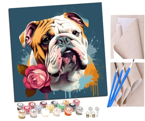 SENDJJ Malen Nach Zahlen Erwachsene Bulldogge mit Rose (3) Paint by Numbers diy GemäLde Kit mit Pinsel und Acrylfarbe Als Geschenk für Wanddeko Groß 40x40cm von SENDJJ