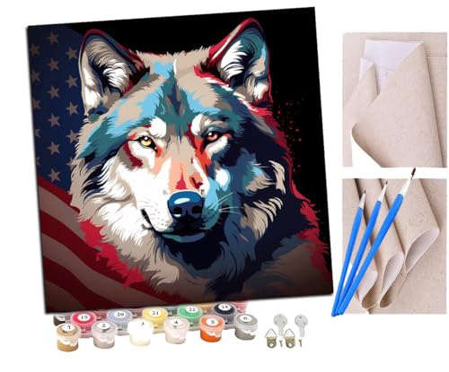 SENDJJ Malen Nach Zahlen Erwachsene Bunte Tier Wolf amerikanische Flagge (3) Bastelset Erwachsene Gemälde Leinwand 40x40 cm Mit Farbe und Pinsel - Geschenke und Maldekorationen von SENDJJ