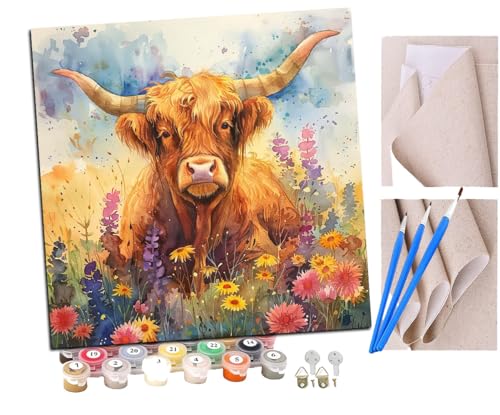 SENDJJ Malen Nach Zahlen Erwachsene Bunter Blumenkranzbusch Hochlandrind (5) DIY Handgemalt Ölgemälde Leinwand Kits Mit Pinsels und Acrylfarbe Als Geschenke und Heimdekoration Ohne Rahmen 40 x 40 cm von SENDJJ