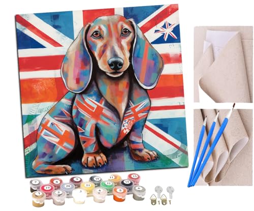 SENDJJ Malen Nach Zahlen Erwachsene Dackel Union Jack Elemente Tinte (7) DIY Handgemalt Ölgemälde Leinwand Kits Mit Pinsels und Acrylfarbe Als Geschenke und Heimdekoration Ohne Rahmen 40 x 40 cm von SENDJJ