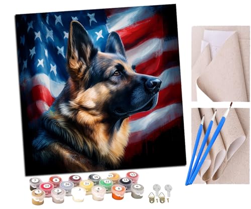 SENDJJ Malen Nach Zahlen Erwachsene Deutscher Schäferhund mit amerikanischer Flagge (1) DIY Handgemalt Ölgemälde Leinwand Kits Mit Pinsels und Acrylfarbe Als Geschenke und Heimdekoration 40 x 40 cm von SENDJJ