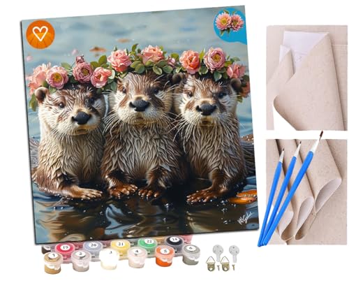 SENDJJ Malen Nach Zahlen Erwachsene Drei Kranzottertiere (9) DIY Handgemalt Ölgemälde Leinwand Kits Mit Pinsels und Acrylfarbe Als Geschenke und Heimdekoration Ohne Rahmen 40 x 40 cm von SENDJJ