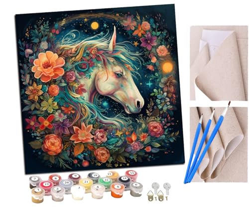 SENDJJ Malen Nach Zahlen Erwachsene Einhorn Ranken bunte Blumen Mond (4) Paint by Numbers diy GemäLde Kit mit Pinsel und Acrylfarbe Als Geschenk für Wanddeko Groß 40x40cm von SENDJJ