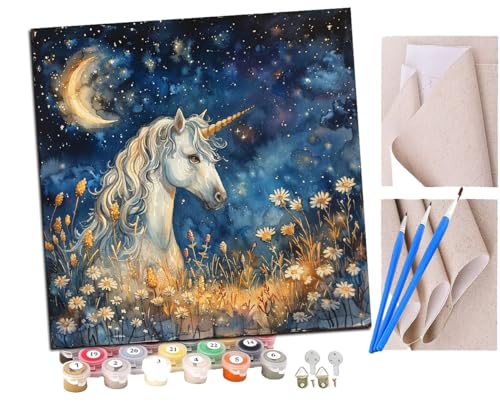 SENDJJ Malen Nach Zahlen Erwachsene Einhorn zwischen Blumen in der Nacht (12) DIY Handgemalt Ölgemälde Leinwand Kits Mit Pinsels und Acrylfarbe Als Geschenke und Heimdekoration Ohne Rahmen 40 x 40 cm von SENDJJ