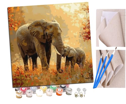 SENDJJ Malen Nach Zahlen Erwachsene Elefant und Elefantenbaby Mutterliebe (3) Paint by Numbers diy GemäLde Kit mit Pinsel und Acrylfarbe Als Geschenk für Wanddeko Groß 40x40cm von SENDJJ