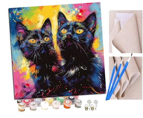 SENDJJ Malen Nach Zahlen Erwachsene Farbe zwei schwarze Katzen Tiere (4) DIY Handgemalt Ölgemälde Leinwand Kits Mit Pinsels und Acrylfarbe Als Geschenke und Heimdekoration Ohne Rahmen 40 x 40 cm von SENDJJ