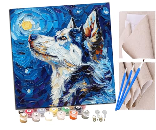SENDJJ Malen Nach Zahlen Erwachsene Farbiger Husky-Tierhund (2) Paint by Numbers diy GemäLde Kit mit Pinsel und Acrylfarbe Als Geschenk für Wanddeko Groß 40x40cm von SENDJJ
