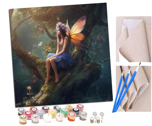 SENDJJ Malen Nach Zahlen Erwachsene Fee sitzt auf einem Baum (6) DIY Handgemalt Ölgemälde Leinwand Kits Mit Pinsels und Acrylfarbe Als Geschenke und Heimdekoration Ohne Rahmen 40 x 40 cm von SENDJJ