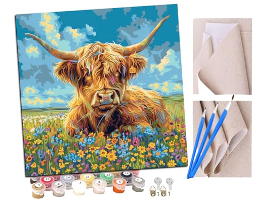 SENDJJ Malen Nach Zahlen Erwachsene Freches Hochlandrind kleine Blumen (2) DIY Handgemalt Ölgemälde Leinwand Kits Mit Pinsels und Acrylfarbe Als Geschenke und Heimdekoration Ohne Rahmen 40 x 40 cm von SENDJJ