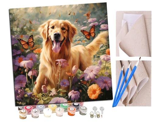 SENDJJ Malen Nach Zahlen Erwachsene Glücklicher Golden Retriever Hund und Schmetterling (15) Paint by Numbers diy GemäLde Kit mit Pinsel und Acrylfarbe Als Geschenk für Wanddeko Groß 40x40cm von SENDJJ
