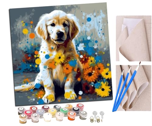 SENDJJ Malen Nach Zahlen Erwachsene Golden Retriever Baby und Blue Daisy (1) DIY Handgemalt Ölgemälde Leinwand Kits Mit Pinsels und Acrylfarbe Als Geschenke und Heimdekoration Ohne Rahmen 40 x 40 cm von SENDJJ