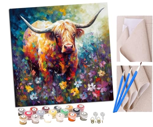 SENDJJ Malen Nach Zahlen Erwachsene Hochlandrinder und Blumen (2) DIY Handgemalt Ölgemälde Leinwand Kits Mit Pinsels und Acrylfarbe Als Geschenke und Heimdekoration Ohne Rahmen 40 x 40 cm von SENDJJ