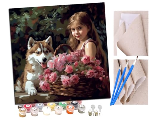 SENDJJ Malen Nach Zahlen Erwachsene Husky und kleines Mädchen in Blume (6) DIY Handgemalt Ölgemälde Leinwand Kits Mit Pinsels und Acrylfarbe Als Geschenke und Heimdekoration Ohne Rahmen 40 x 40 cm von SENDJJ