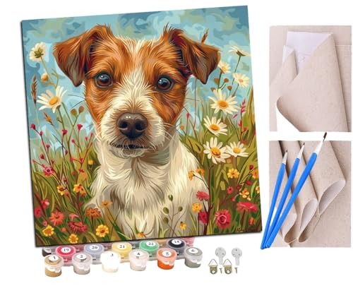 SENDJJ Malen Nach Zahlen Erwachsene Jack Russell in den Blumen (1) Paint by Numbers diy GemäLde Kit mit Pinsel und Acrylfarbe Als Geschenk für Wanddeko Groß 40x40cm von SENDJJ