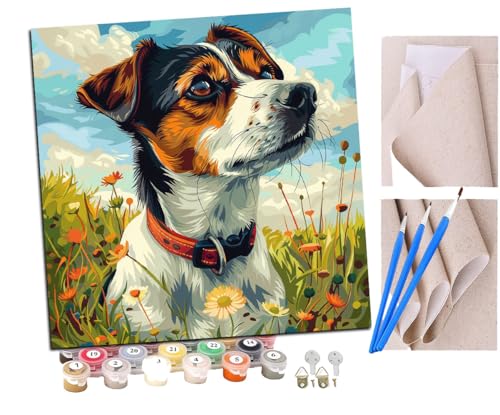 SENDJJ Malen Nach Zahlen Erwachsene Jack Russell in den Blumen (13) Bastelset Erwachsene Gemälde Leinwand 40x40 cm Mit Farbe und Pinsel - Geschenke und Maldekorationen von SENDJJ