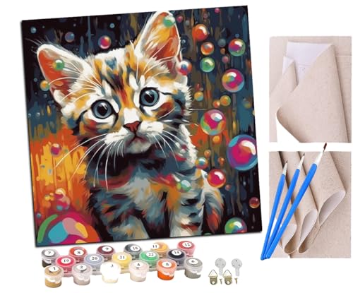 SENDJJ Malen Nach Zahlen Erwachsene Kätzchen schaut zu Fantasieblasen auf (1) Paint by Numbers diy GemäLde Kit mit Pinsel und Acrylfarbe Als Geschenk für Wanddeko Groß 40x40cm von SENDJJ