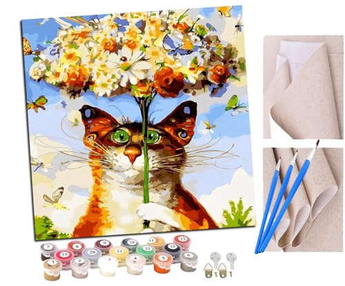 SENDJJ Malen Nach Zahlen Erwachsene Katze mit Blumenschirm Bastelset Erwachsene Gemälde Leinwand 40x40 cm Mit Farbe und Pinsel - Geschenke und Maldekorationen von SENDJJ