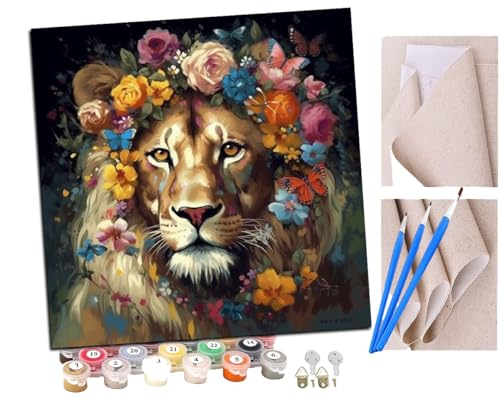 SENDJJ Malen Nach Zahlen Erwachsene Löwe mit Blumenkrone (1) Paint by Numbers diy GemäLde Kit mit Pinsel und Acrylfarbe Als Geschenk für Wanddeko Groß 40x40cm von SENDJJ