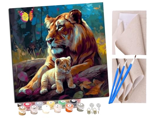 SENDJJ Malen Nach Zahlen Erwachsene Löwe und Löwenjunges Schmetterling (3) Paint by Numbers diy GemäLde Kit mit Pinsel und Acrylfarbe Als Geschenk für Wanddeko Groß 40x40cm von SENDJJ