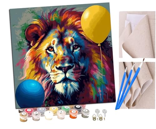 SENDJJ Malen Nach Zahlen Erwachsene Löwen bunte Luftballons (2) DIY Handgemalt Ölgemälde Leinwand Kits Mit Pinsels und Acrylfarbe Als Geschenke und Heimdekoration Ohne Rahmen 40 x 40 cm von SENDJJ