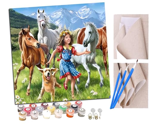 SENDJJ Malen Nach Zahlen Erwachsene Mädchen und Hund Pferd Tier Bastelset Erwachsene Gemälde Leinwand 40x40 cm Mit Farbe und Pinsel - Geschenke und Maldekorationen von SENDJJ