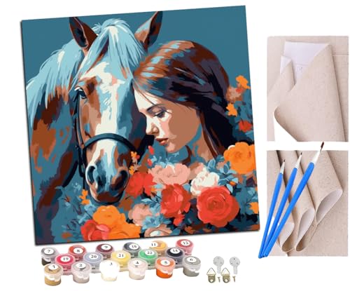 SENDJJ Malen Nach Zahlen Erwachsene Mädchen und Pferd (6) Paint by Numbers diy GemäLde Kit mit Pinsel und Acrylfarbe Als Geschenk für Wanddeko Groß 40x40cm von SENDJJ