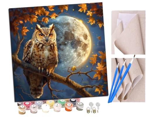 SENDJJ Malen Nach Zahlen Erwachsene Nachttiere Eule Großer Mond (4) Paint by Numbers diy GemäLde Kit mit Pinsel und Acrylfarbe Als Geschenk für Wanddeko Groß 40x40cm von SENDJJ