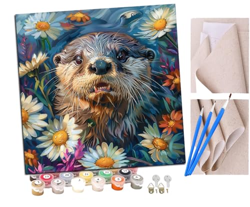 SENDJJ Malen Nach Zahlen Erwachsene Otter Tiere in Blumen (1) DIY Handgemalt Ölgemälde Leinwand Kits Mit Pinsels und Acrylfarbe Als Geschenke und Heimdekoration Ohne Rahmen 40 x 40 cm von SENDJJ