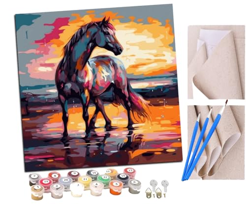 SENDJJ Malen Nach Zahlen Erwachsene Pferd steht auf einer Klippe bei Sonnenuntergang (9) DIY Handgemalt Ölgemälde Leinwand Kits Mit Pinsels und Acrylfarbe Als Geschenke und Heimdekoration 40 x 40 cm von SENDJJ