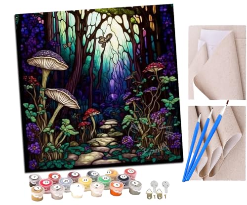 SENDJJ Malen Nach Zahlen Erwachsene Pilze im Glasmalerei-Stil (5) Paint by Numbers diy GemäLde Kit mit Pinsel und Acrylfarbe Als Geschenk für Wanddeko Groß 40x40cm von SENDJJ