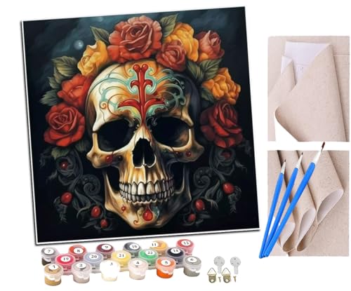 SENDJJ Malen Nach Zahlen Erwachsene Rosen und Totenköpfe (4) DIY Handgemalt Ölgemälde Leinwand Kits Mit Pinsels und Acrylfarbe Als Geschenke und Heimdekoration Ohne Rahmen 40 x 40 cm von SENDJJ