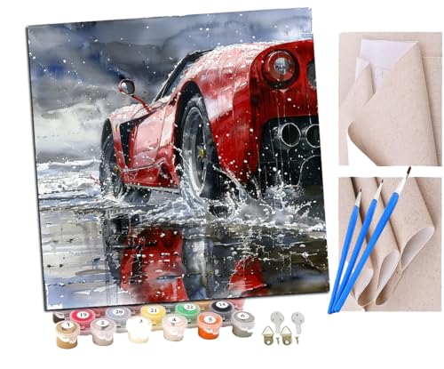 SENDJJ Malen Nach Zahlen Erwachsene Rote Sportwagenkunst am Meer (15) Paint by Numbers diy GemäLde Kit mit Pinsel und Acrylfarbe Als Geschenk für Wanddeko Groß 40x40cm von SENDJJ